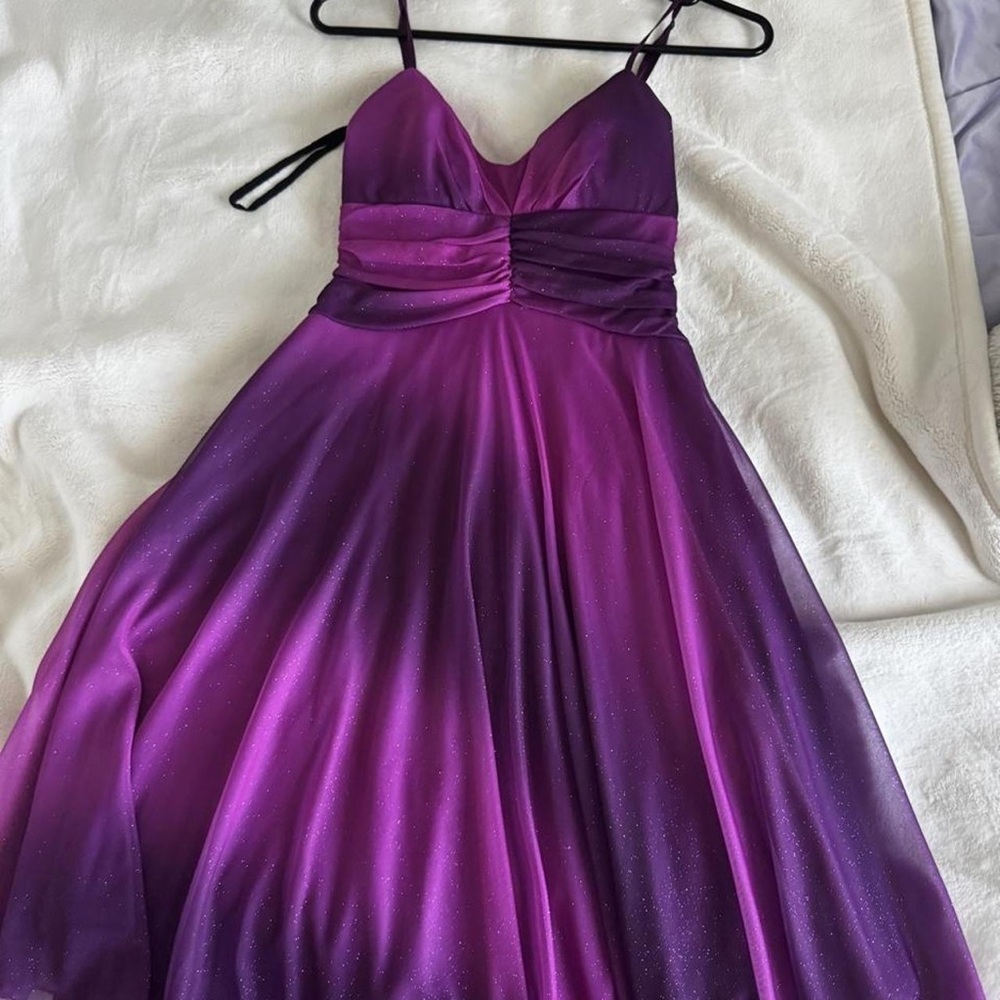 Ruby Rox Purple to Magenta Ombre Sparkle Midi Dress with Spaghetti Straps